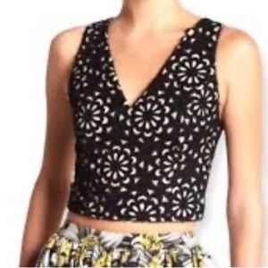 Alice + Olivia Black Floral Laser Cut Sleeveless Lyla Crop Top